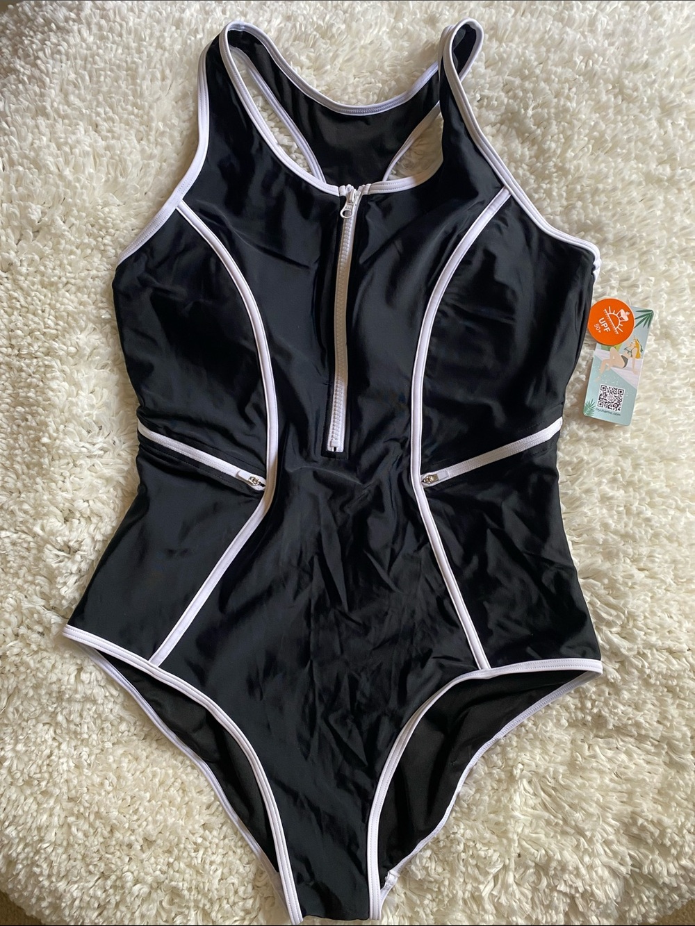 Black Zip-Front One-Piece Swim Coverup with White Trim